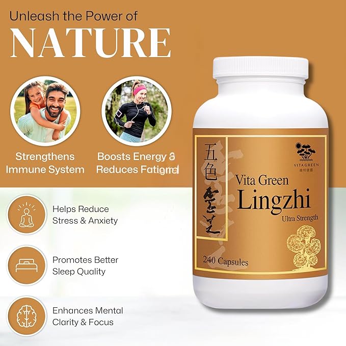 Vita Green Lingzhi Mushroom Supplement (五色靈芝) – Pure Reishi with Natural Antioxidants for Wellness, Energy, and Immune Support for Men & Women – 240 Capsules