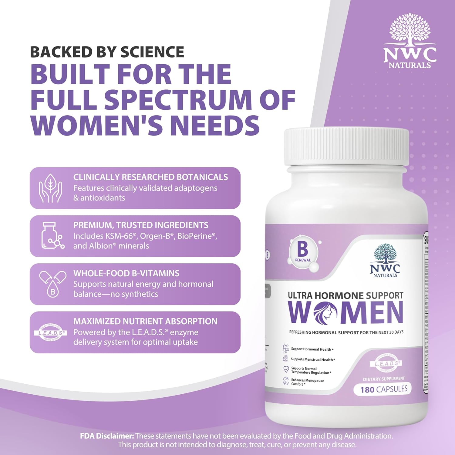 NWC Naturals Ultra-Hormone Support Formula B – Hormone Harmony for Women & Daily Hormone Balance for Women, 180 Capsules – Plant-Based Support with Organic B-Vitamins, Adaptogens & L.E.A.D.S. System