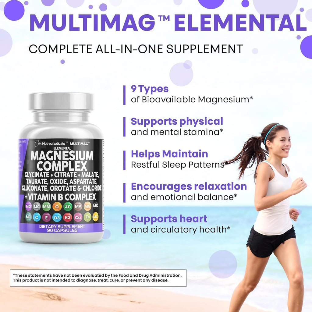 Clean Nutraceuticals Magnesium Complex with Magnesium Glycinate Citrate Malate Oxide Taurate Aspartate Orotate & Mag Chloride, Zinc Copper Manganese (90 Count (Pack of 2))