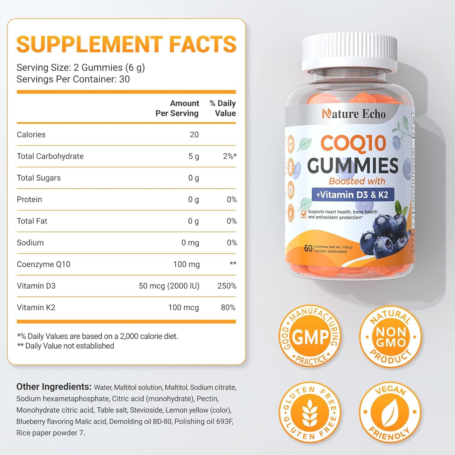 CoQ10 Gummies, Coenzyme Q10 Supplement 100mg with Vitamin D3 2000 IU & K2 100mcg, Sugar Free, Heart Health, Bone Support & Antioxidant, Vegan, Non-GMO, Blueberry Flavor - 60 Gummies