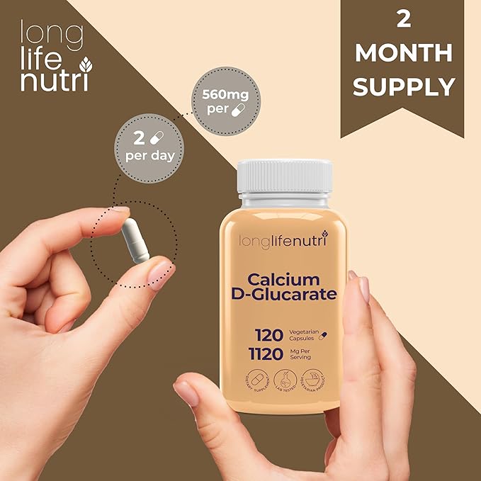 Calcium D-Glucarate - 120 Vegetarian Capsules, 2-Month Supply, 1120mg per Serving for Detox Support & Internal Balance, Non-GMO, Gluten Free, Made in USA, GMP Certified