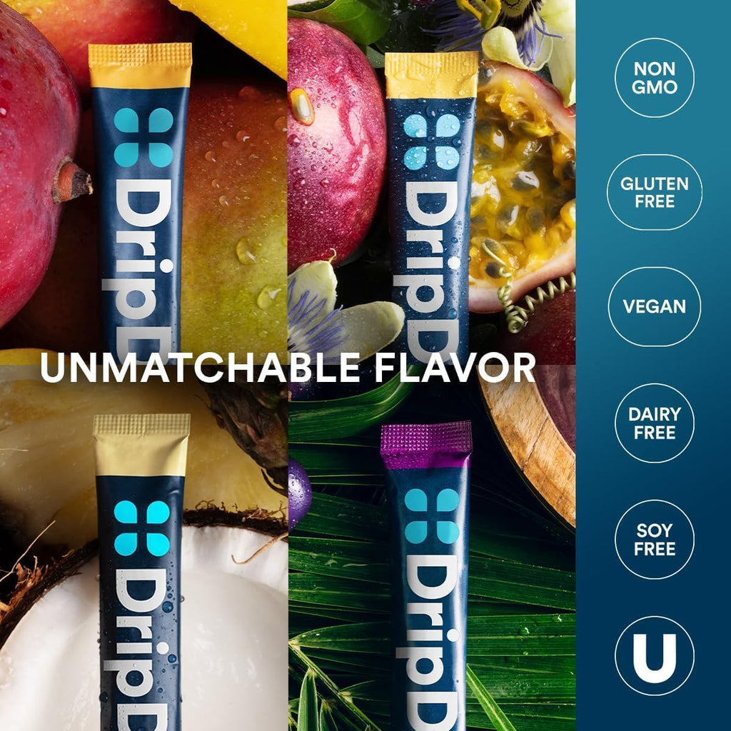 DripDrop Hydration Packets - Tropical Variety Pack - Single Serve Electrolytes Powder Drink Mix - Mango, Açaí, Passion Fruit, Piña Colada - Non-GMO, Gluten Free, Vegan - 16 Sticks