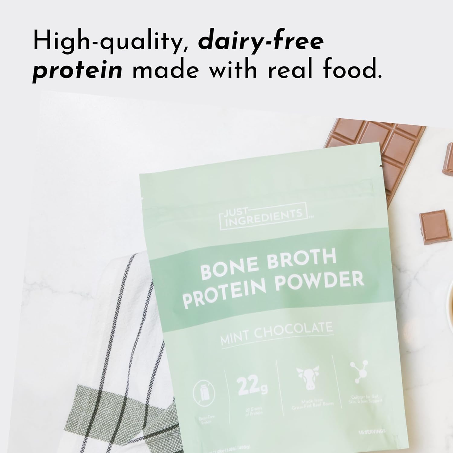 Bone Broth Protein Powder – Mint Chocolate | 15 Servings | 21g Grass-Fed Protein per Serving | Dairy-Free | Collagen for Gut, Skin & Joint Support | Made with Real Food Ingredients