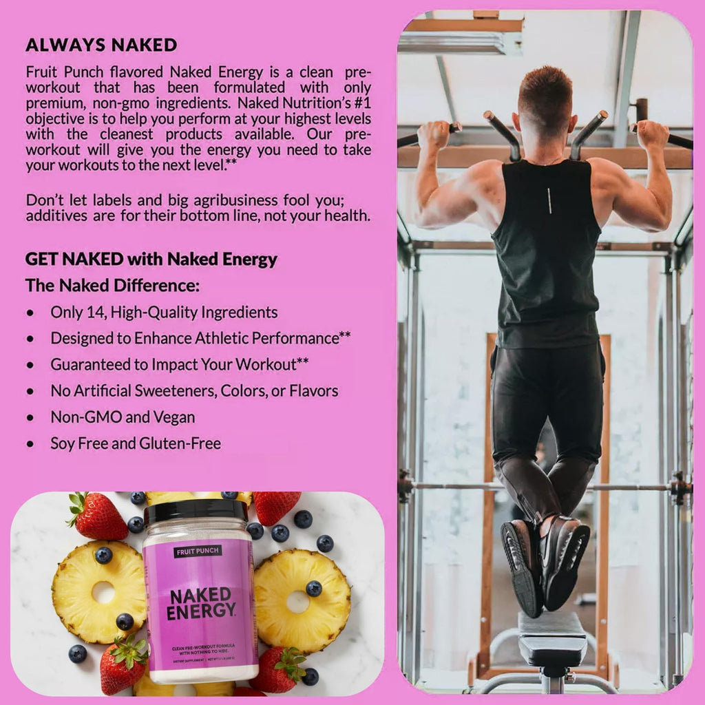 NAKED Fruit Punch Energy - Clean Pre Workout Supplement for Men and Women, Vegan Friendly, No Added Sweeteners, Colors Or Flavors - 30 Servings