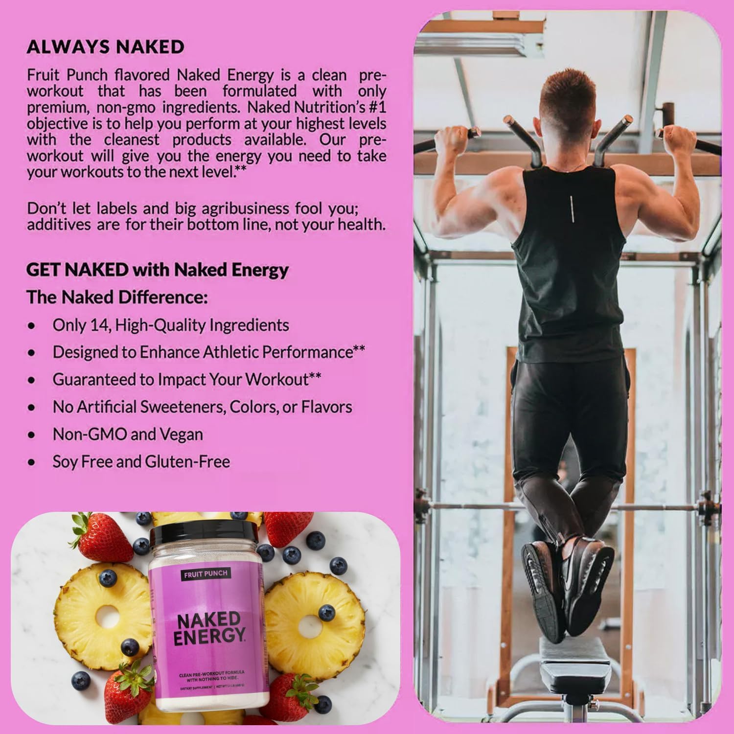 NAKED Fruit Punch Energy - Clean Pre Workout Supplement for Men and Women, Vegan Friendly, No Added Sweeteners, Colors Or Flavors - 30 Servings