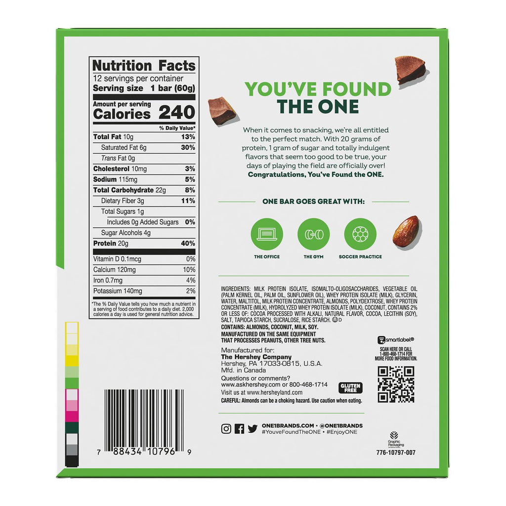 ONE Protein Bars, Chocolate Almond Bliss, Gluten Free with 20g Protein and 1g Sugar, Pantry Staples, 2.12 oz (12 Pack), Packaging May Vary