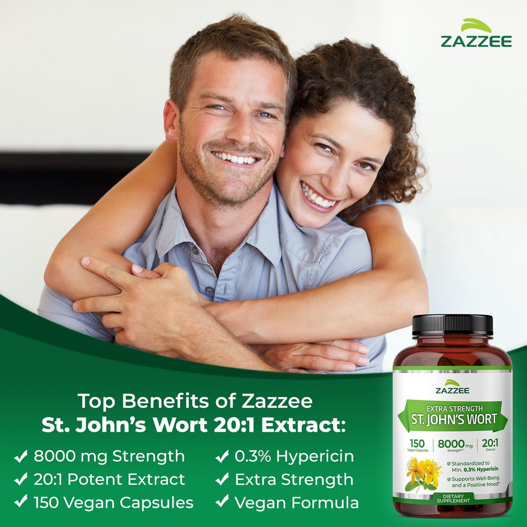 Zazzee Extra Strength St. John’s Wort 20:1 Extract, 8000 mg Strength, 0.3% Hypericin, 150 Vegan Capsules, 5 Month Supply, Concentrated, Standardized 20X Extract, 100% Vegetarian, Non-GMO, All-Natural