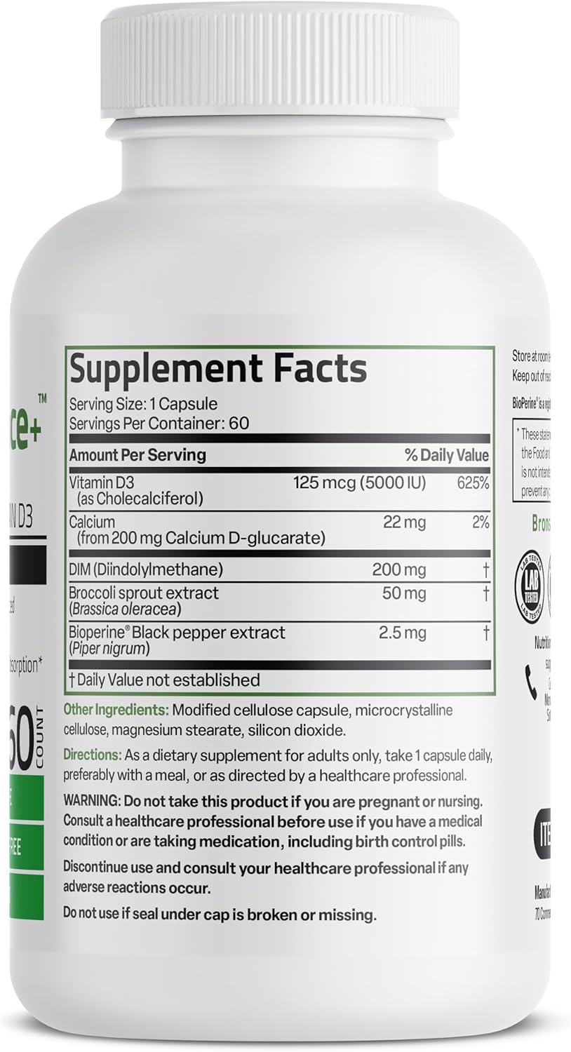 Bronson DIM Balance+ Calcium D-Glucarate, Broccoli Sprouts and Vitamin D3 200 MG of DIM per Capsule Supports Estrogen Metabolism and Balanced Hormone Levels Non-GMO, 60 Vegetarian Capsules