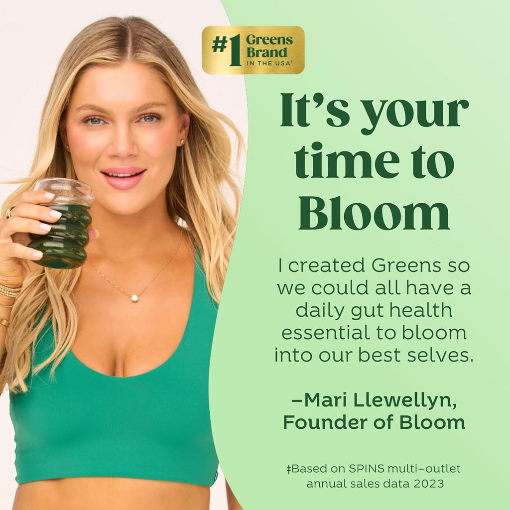 Bloom Nutrition Superfood Greens Powder Stick Packs, Digestive Enzymes with Probiotics and Prebiotics, Gut Health, Bloating Relief for Women, Chlorella, Green Juice Mix, 18 SVG, Tropical Variety