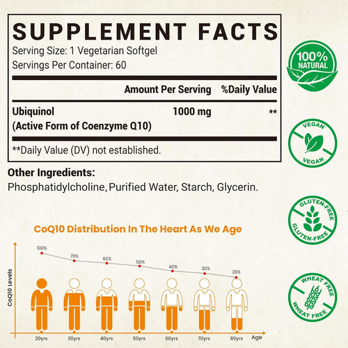 1000mg Liposomal CoQ10 Ubiquinol, 240 Vegan Softgels, High Absorption Ubiquinol CoQ10 Supplement, Active Antioxidant Form of Coenzyme Q10 for Heart Function & Energy Production