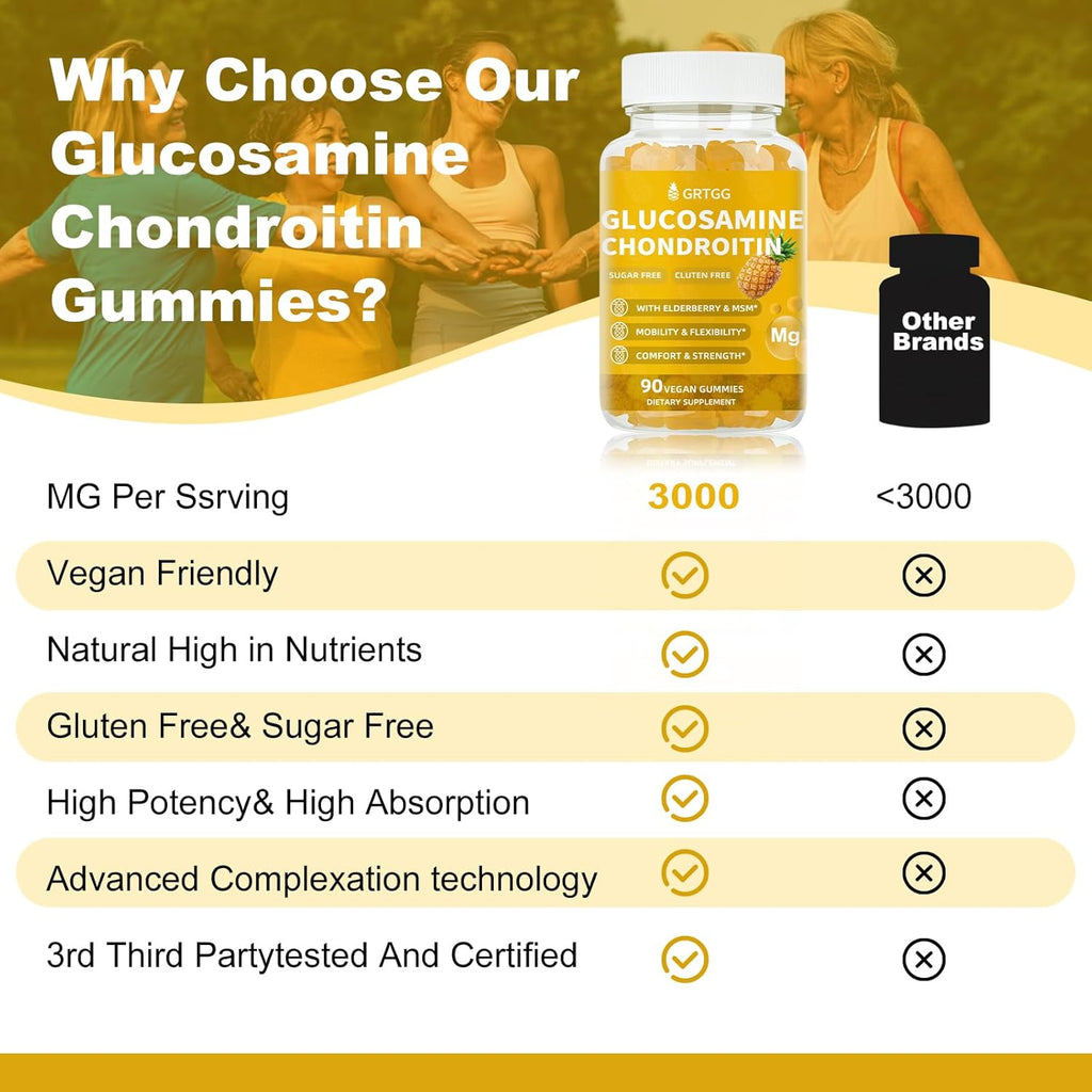 Glucosamine Chondroitin Gummies with MSM & Elderberry Extra Strength 3000MG - Joint Support, Antioxidant Immune Support Supplement for Adults, Men & Women - 90 Pineapple Gummies