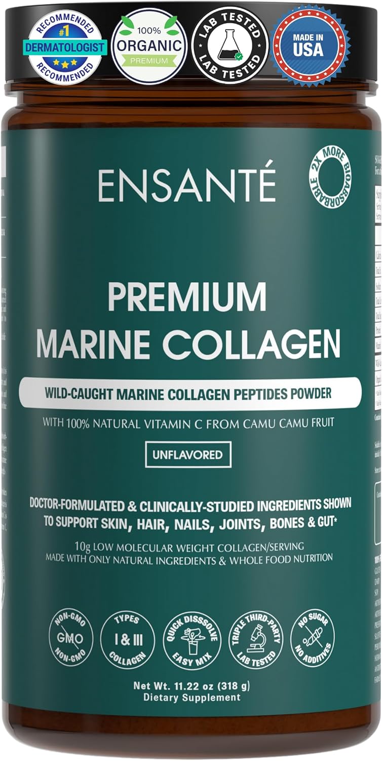 ENSANTE Clinically Backed Premium Marine Collagen Peptides Powder Unflavored, Type I II III IV Collagen for Skin Hair Nail Joint, Wild Deep Sea Collagen with Organic Camu Camu Vitamin C, Lab Tested