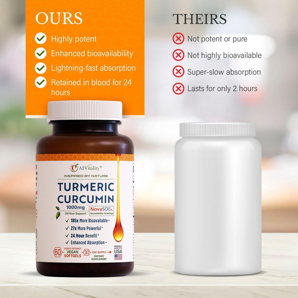 A1Vitality Vegan Turmeric Curcumin NovaSOL 1000mg - Nature's Joint Support Supplements - 185x Bioavailable Than Standard Curcumin - Natural Carrageenan Softgels (Vegan)