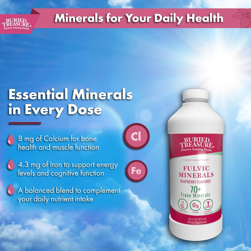 Buried Treasure Fulvic Mineral Complex - 32oz, Natural Raspberry Flavor with Over 70 Plant Derived Minerals Non-GMO Electrolyte Replacement Vegetarian Safe Daily Essential and Trace Minerals