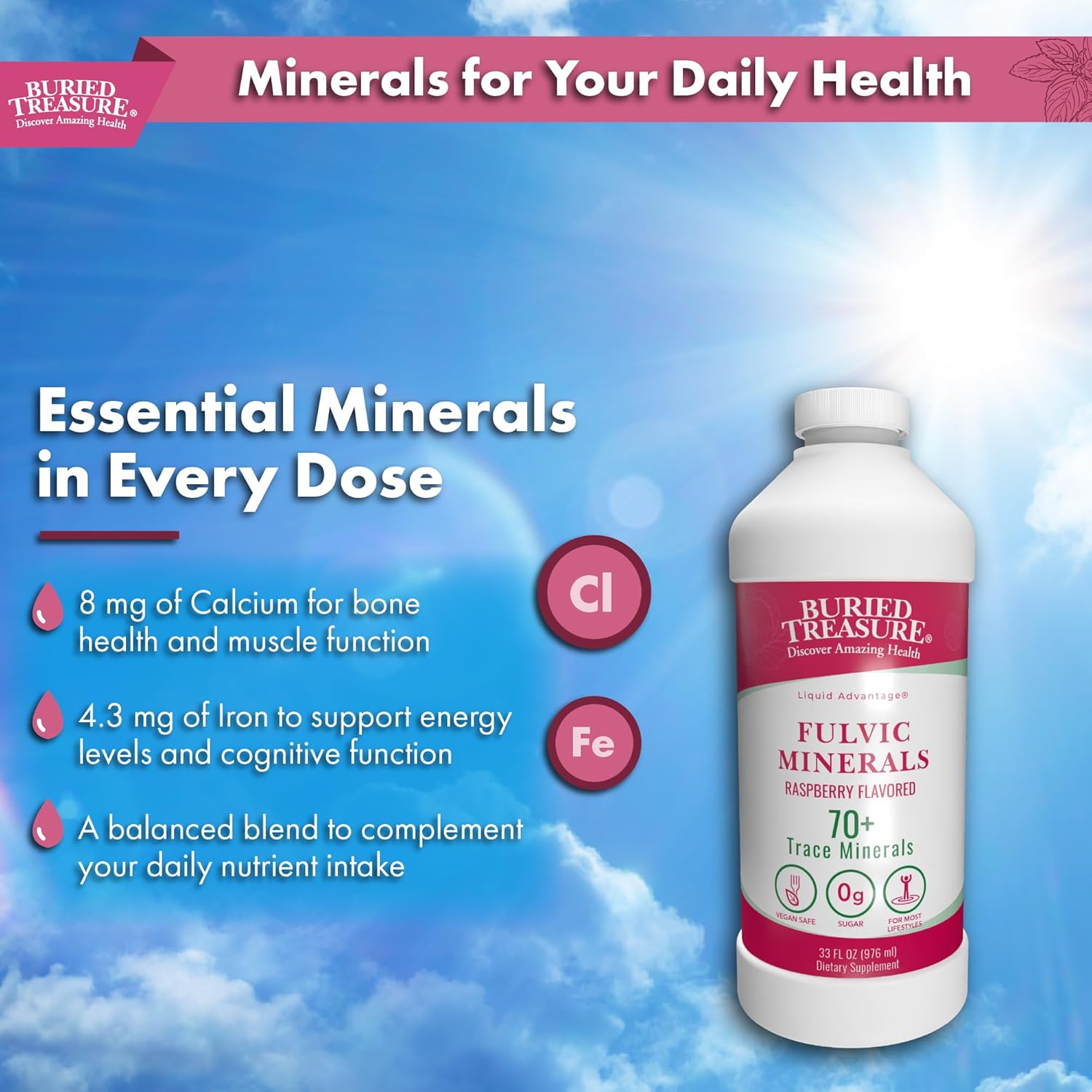Buried Treasure Fulvic Mineral Complex - 32oz, Natural Raspberry Flavor with Over 70 Plant Derived Minerals Non-GMO Electrolyte Replacement Vegetarian Safe Daily Essential and Trace Minerals