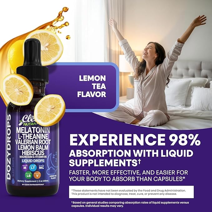 Clean Nutra Melatonin 10mg Drops Magnesium Vitamin B6 L-Theanine Valerian Hibiscus Lemon Balm Supplement Liquid Sugar-Free Vegan Non-GMO Natural Sleep Support Aid Lemon Tea Flavor 120mL Formula