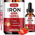 Liquid Iron Supplement for Women & Men Iron Drops Iron Supplements for Anemia with Folate, Vitamin C, B12 for Red Blood Cell Support-Strawberry, 2 Fl Oz