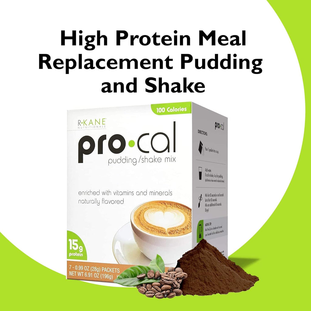 R-Kane Nutritionals Pro-Cal Pudding/Shake Mix, Low Calorie Protein Shake Powder, Meal Replacement Shakes, Mocha-Flavored Boost Drink, 15g Protein, 7 Packets per Box