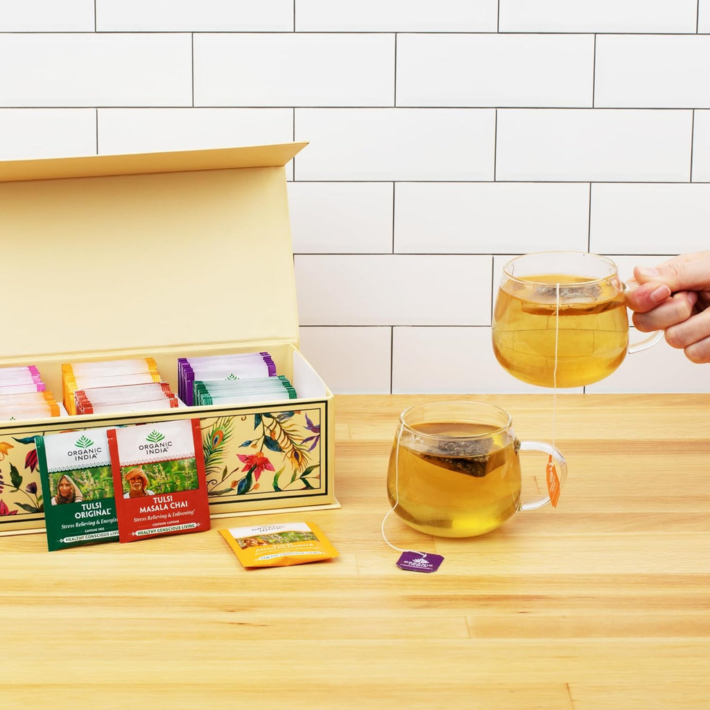 Organic India Tea Sampler Box Variety Pack - Tulsi Herbal Tea Gift Set, Hot Tea Assortment, Holy Basil, Ashwagandha, Turmeric Ginger, Sweet Rose, Original, Sleep, Masala Chai - 60 Tea Bags