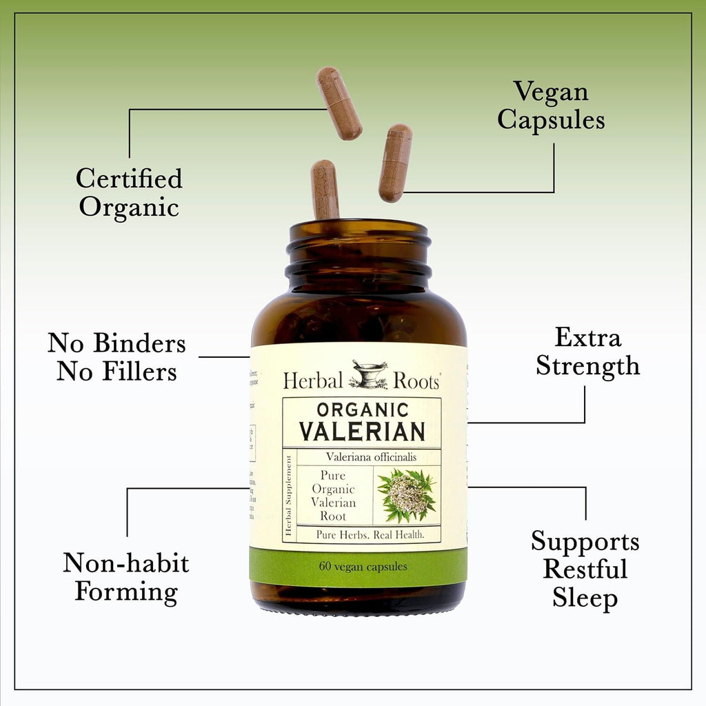 Herbal Roots Pure Organic Valerian Root Capsules - 900 mg - Non-Habit Forming with no Melatonin, Non-GMO - 60 Count Vegan Capsules, Herbal Supplement