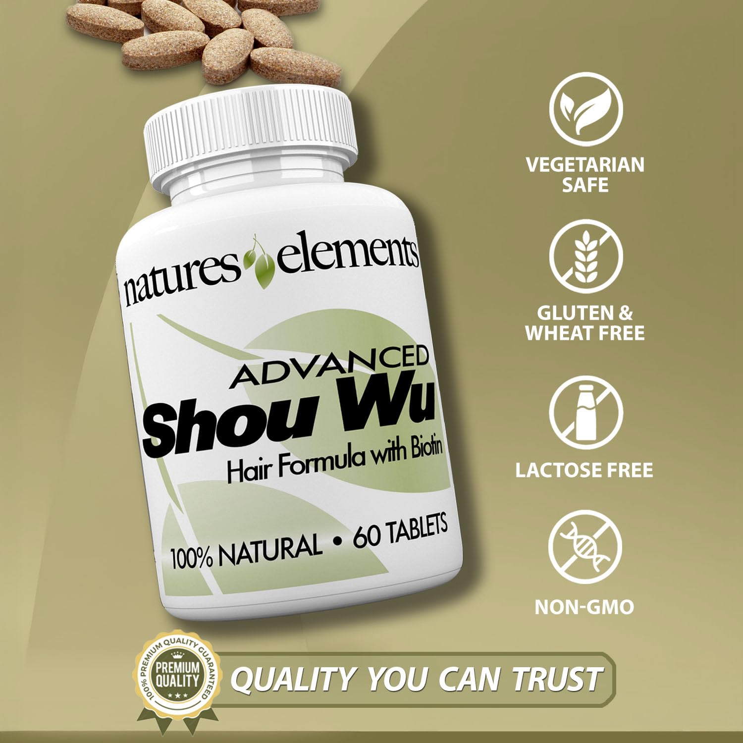 Natures Elements Advanced Shou Wu for Gray Hair – Prepared He Shou Wu for Hair Growth with Biotin, Bioperine, Fo-Ti Root & More – 100% Natural – 60 Tablets – Non-GMO, Gluten-Free