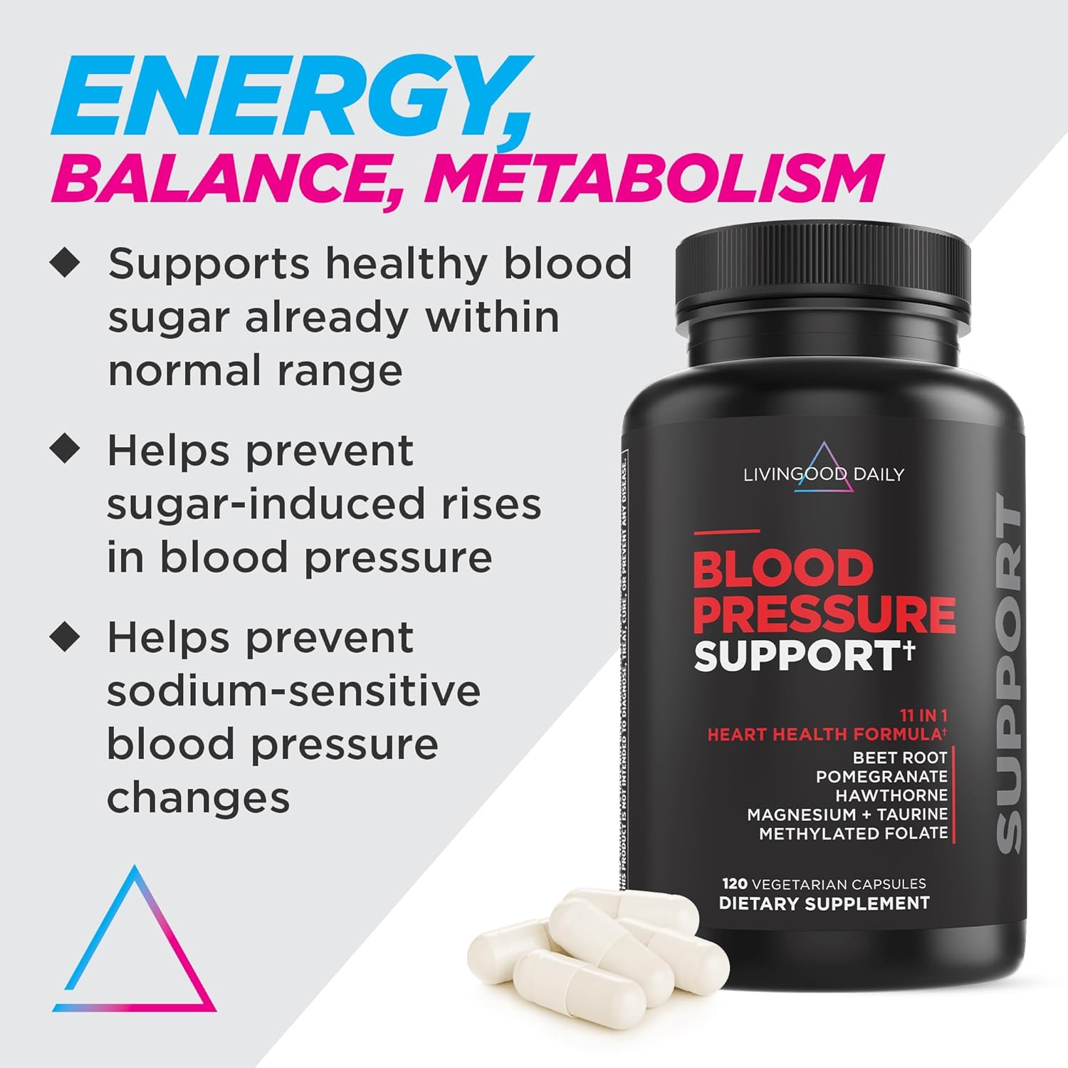 Livingood Daily Blood Pressure Support, Heart Health Supplement for Men & Women with Beet Root, Pomegranate, Hawthorn, Magnesium & Taurine, Cardiovascular Support Formula, Vegan, 120 Capsules