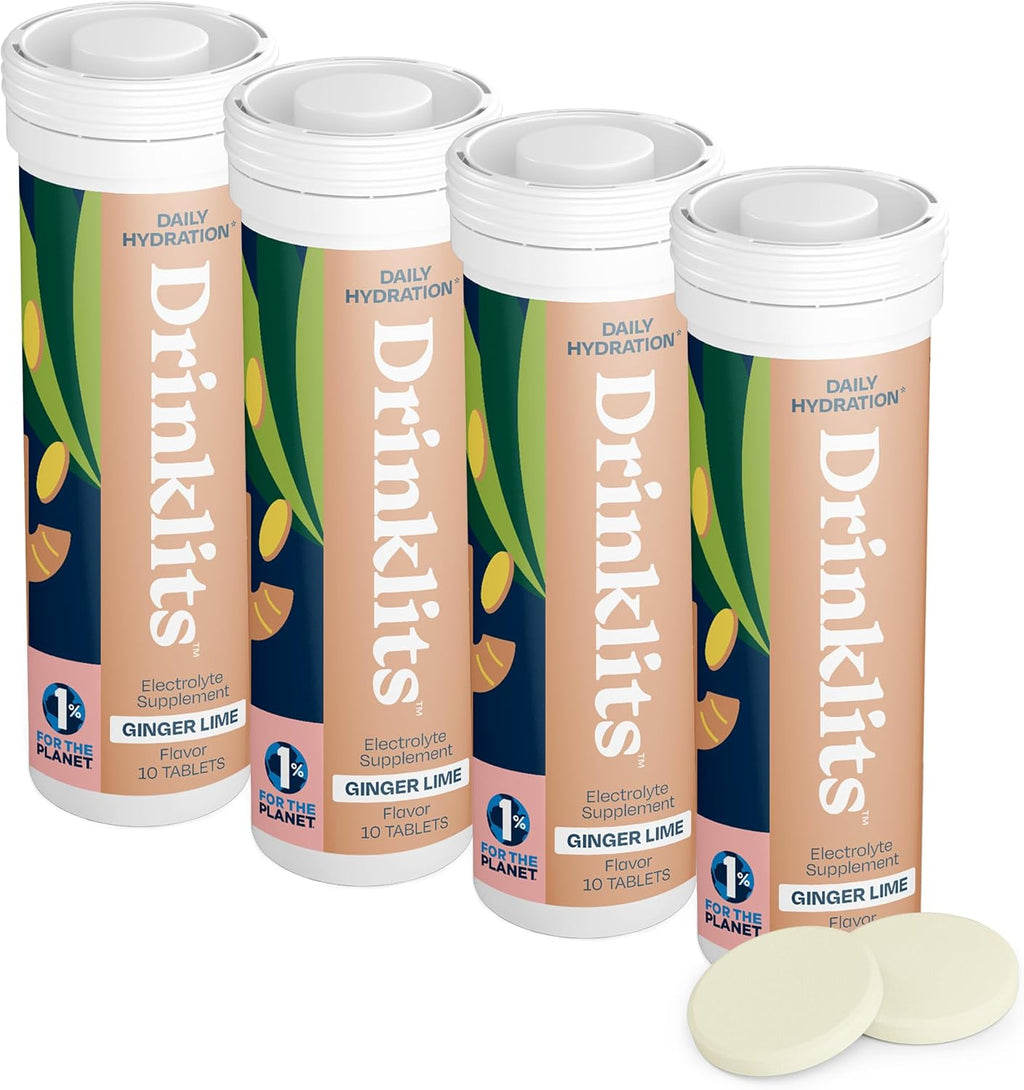 Drinklits Ginger-Lime Daily Electrolyte Hydration Tablets (4) Tube Bundle | Made with Organic Ginger – 0g Sugar – Great Taste | 4 Pack (40 Servings)