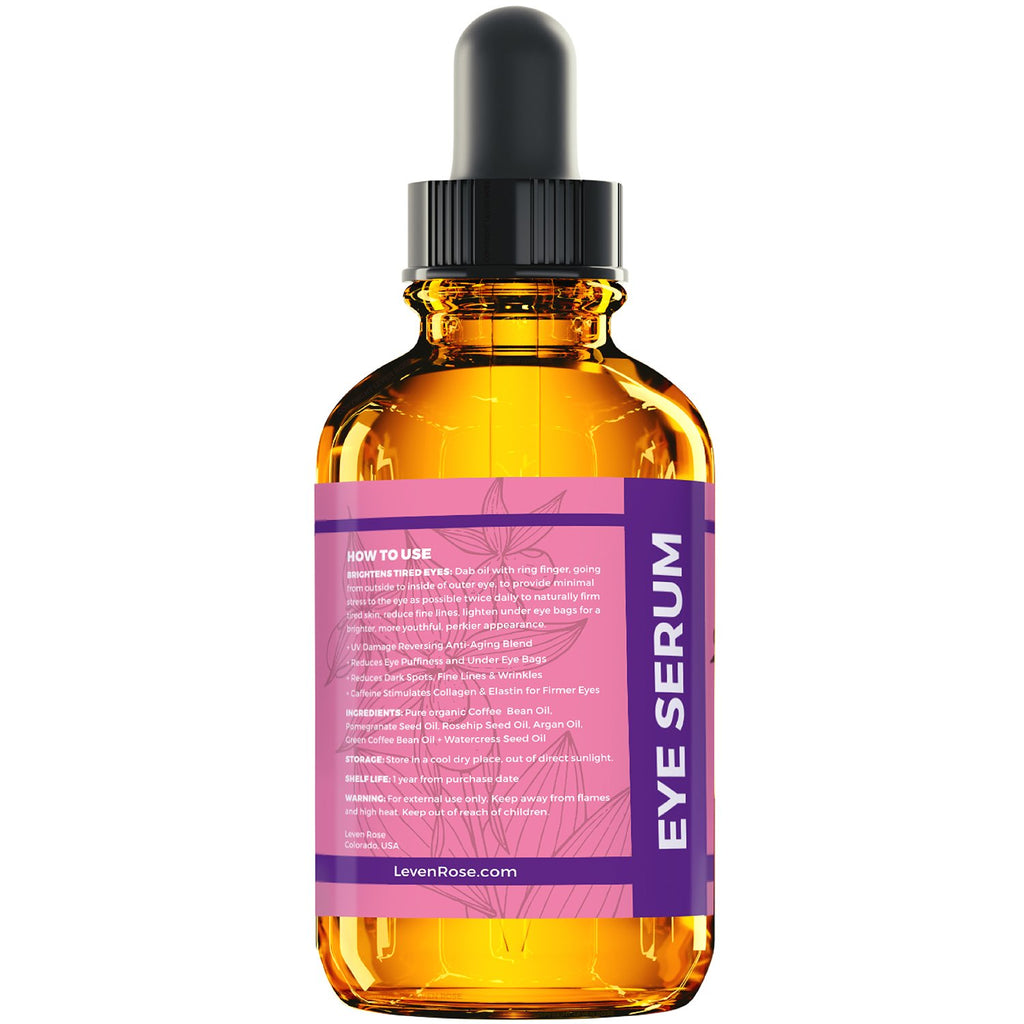 Leven Rose Coffee Oil Caffeine Serum for Eyes 1 oz - Anti-aging Organic Under Eye Serum for Puffy Bags Under Eyes
