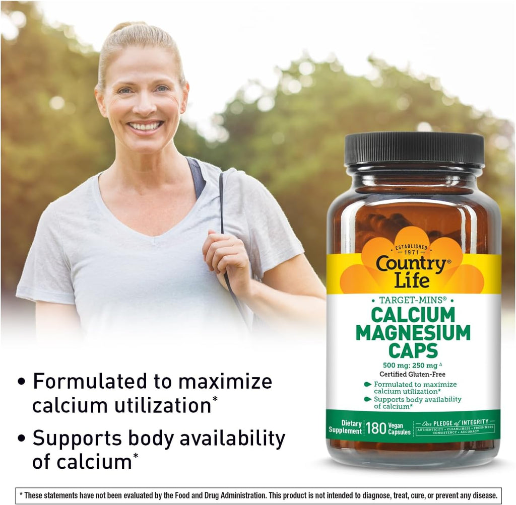 Country Life Target-Mins Calcium Magnesium Complex - 1000mg Calcium, 500mg Magnesium, Gluten-Free Supplement for Bone Health