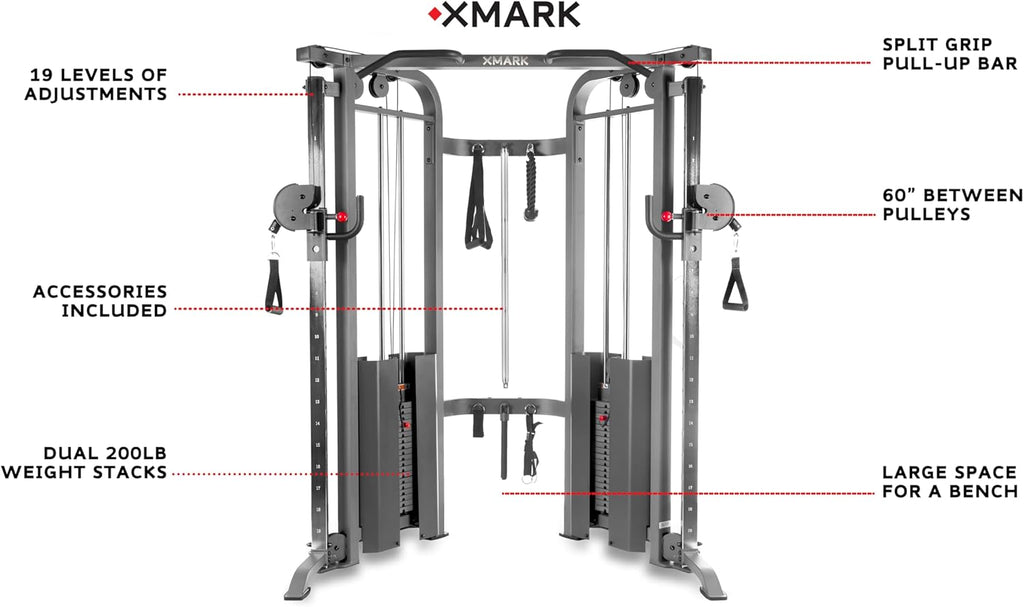 XMARK Functional Trainer with Dual Weight Stacks, All-in-One Cable Machine & Crossover for Full Body Strength Training at Home or Garage Gym