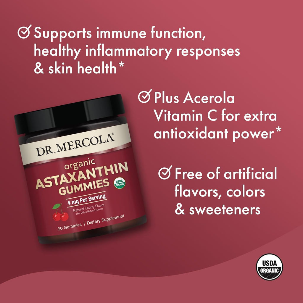 Dr. Mercola Organic Astaxanthin Gummies, 30 Servings (30 Gummies), 4 mg Per Serving, Dietary Supplement, Antioxidant and Immune Support, Certified Organic, Non-GMO