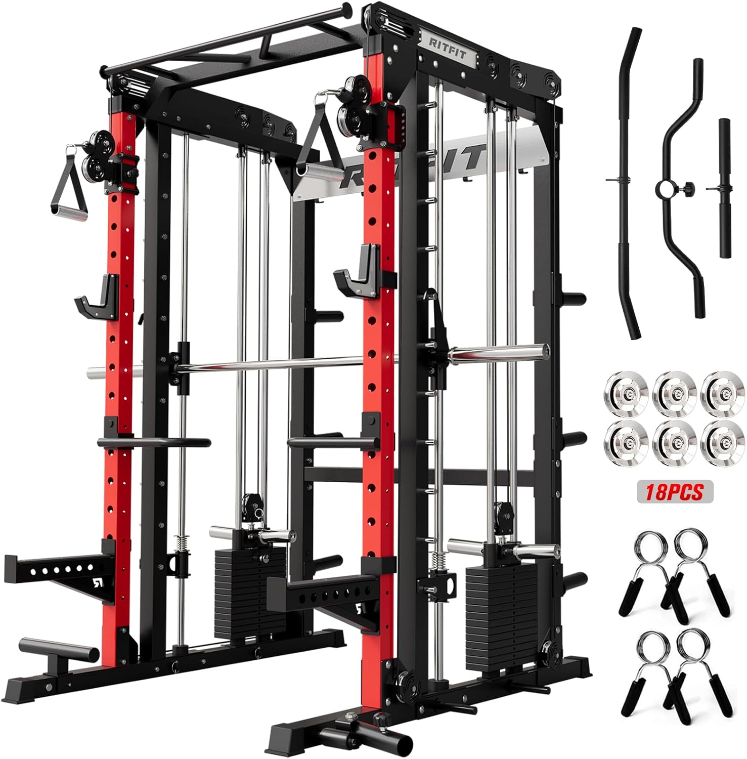 RitFit M2 PRO-3D Smith Machine with Weight Stack, 3D Functional Trainer & Power Cage, 308.6lbs Stack, 16 Adjustment Holes, 6 Storage Pegs for Full-Body Home Gym
