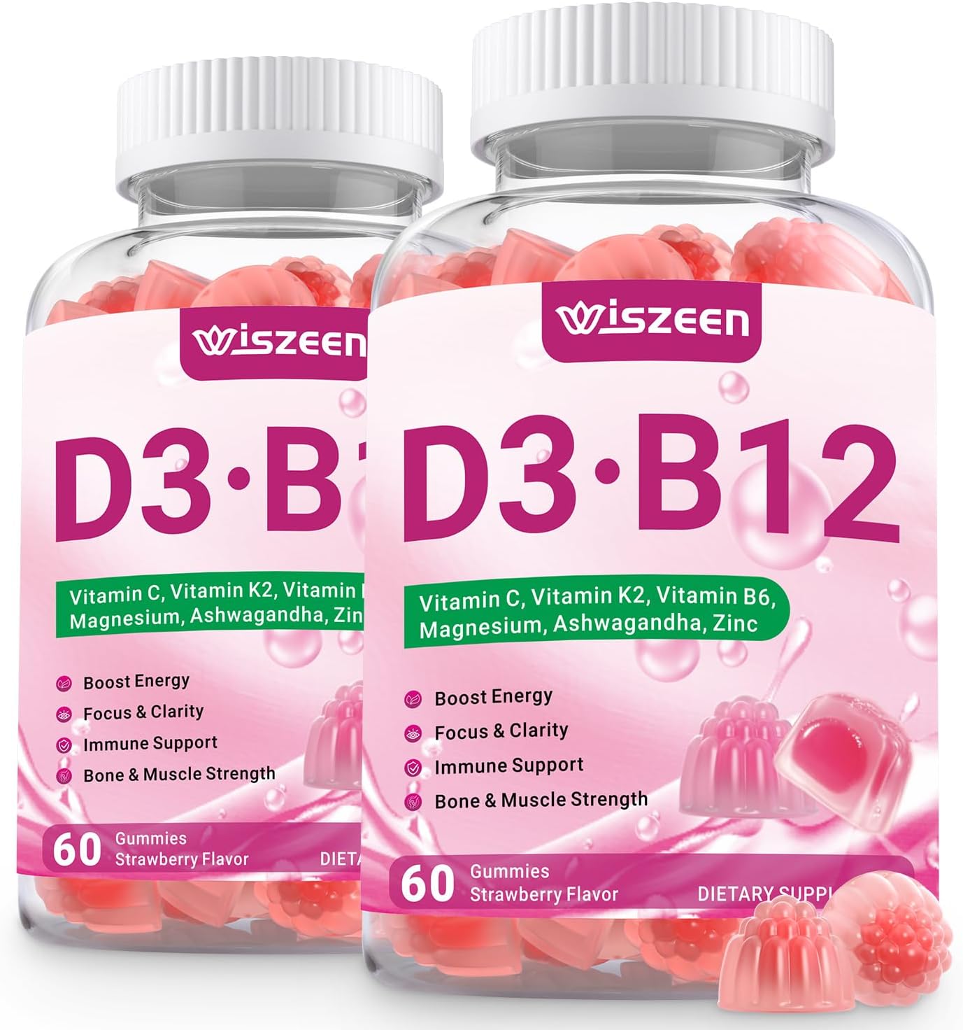 Vitamin D3 B12 Gummies, Vitamin D3 10000 IU & Methylated B12 500mcg for Adults, D3 B12 Vitamin Supplement with Ashwagandha, Magnesium, Vitamin K2 for Immune & Energy Support