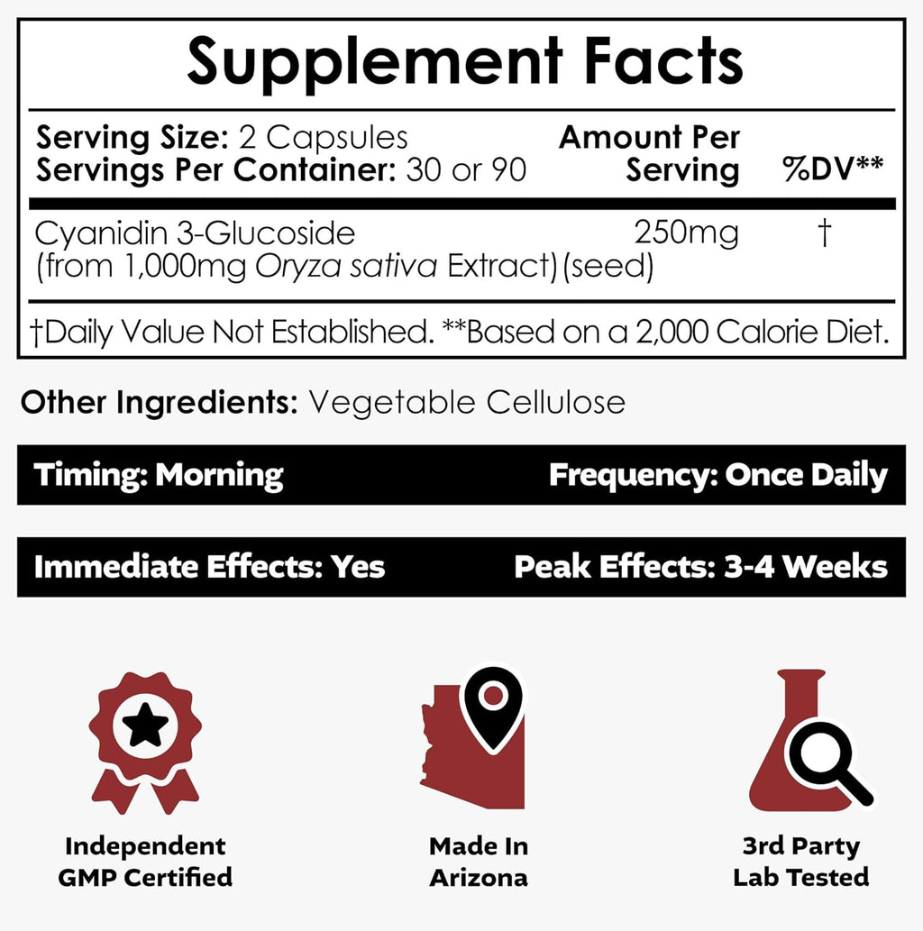 Nootropics Depot Cyanidin 3-Glucoside Capsules | 125mg | 180 Count | Black Rice Extract | C3G | Oryza Sativa | Metabolic, Vision, & Cognitive Support