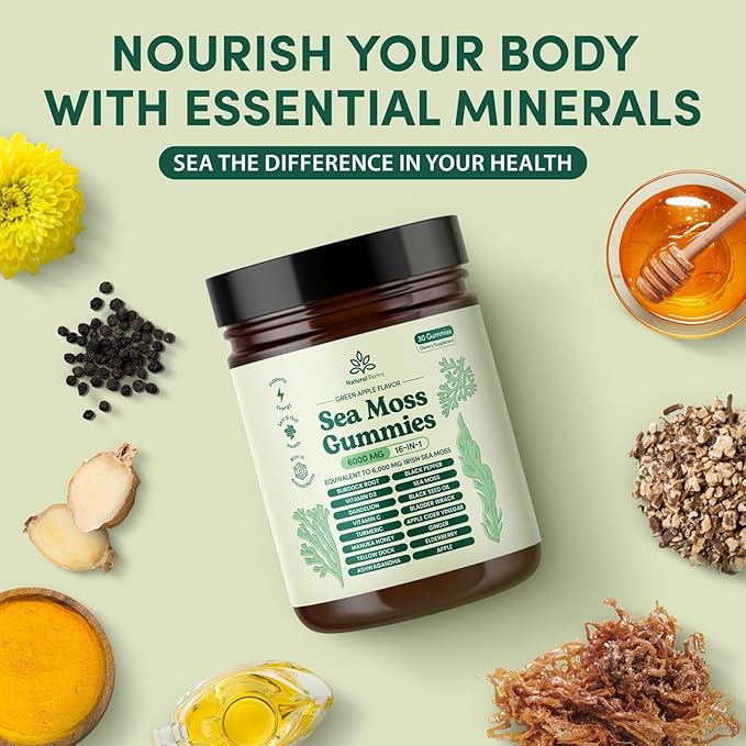 Natural Rems Sea Moss Gummies 16-in-1 - Ashwagandha Black Seed Oil Bladder Wrack Turmeric Vitamin C & D3 with Manuka Burdock Root Dandelion Yellow Dock Elderberry Apple Cider Vinegar (Green Apple)