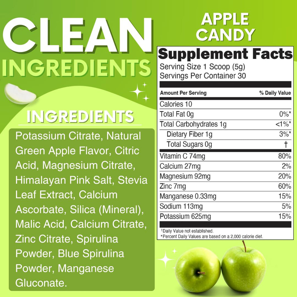 Zero Sugar - Apple Candy Electrolytes Powder - Refreshing Hydration - Caffeine Free Energy with All Natural Ingredients - Vegan, Keto, and Paleo - Sugar Free Electrolytes Drink Mix - with 30 Servings
