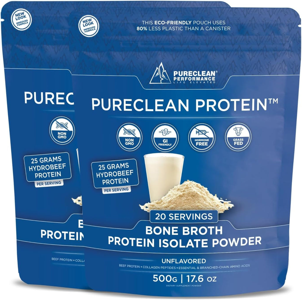 PureClean Protein 25G Organic Grass Fed Beef Bone Broth Protein from Swedish Cattle - Paleo, Keto-Friendly, Gluten-Free, Sugar-Free, Dairy-Free - Enhanced with Collagen Peptides - (40 Servings)