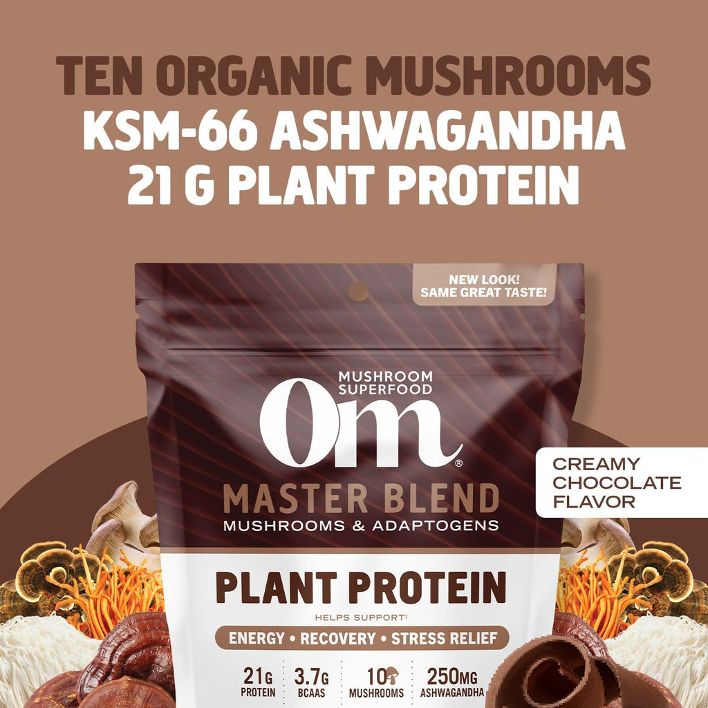 OM MUSHROOM SUPERFOOD Master Blend Creamy Chocolate Protein Powder, 16 Servings, Plant-Based with 10 Mushroom Complex for Recovery & Energy, GLP-1 Support