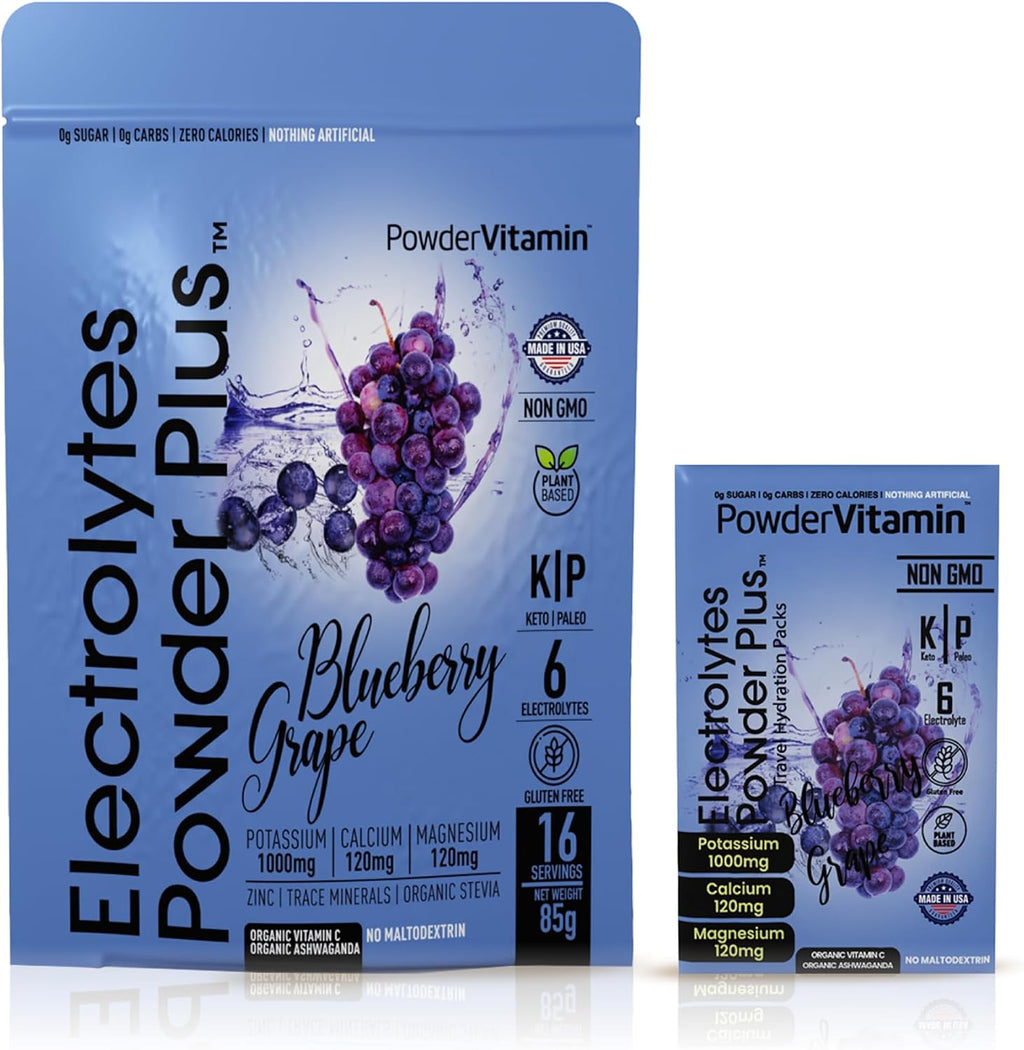 PowderVitamin Electrolytes Powder Plus, Keto, Blueberry Grape, Sugar Free, Pink Himalayan Salt, 1000mg Potassium, 120mg Calcium, 120mg Magnesium, Non-GMO, Zero Calories, (16 Hydration Packets)