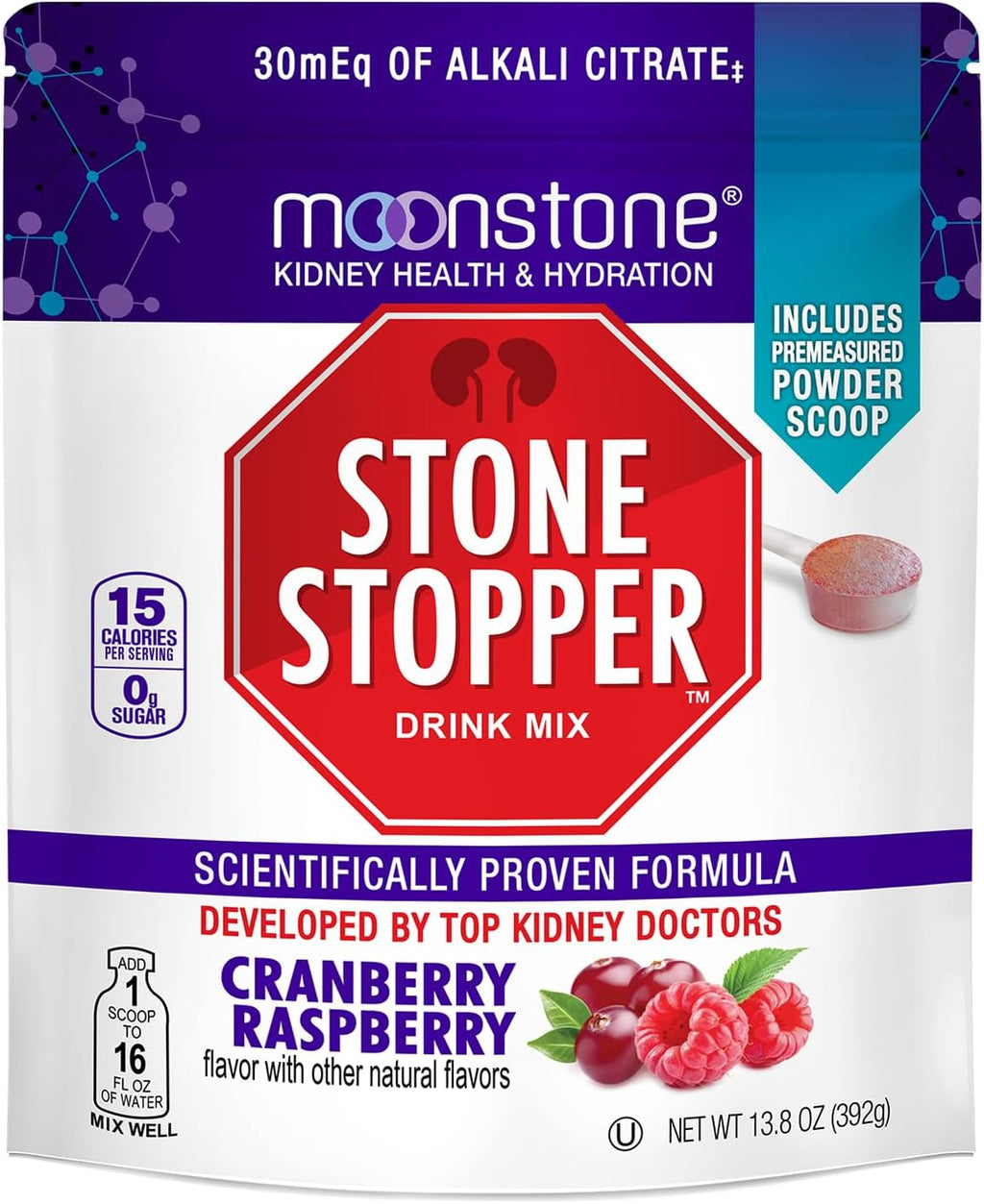 Stone Stopper Drink Mix, Cranberry Raspberry, Kidney Stone Prevention, Calcium Oxalate Protector, Developed by Urologists to Improve Hydration and Support Kidney Health, 30 Day Supply