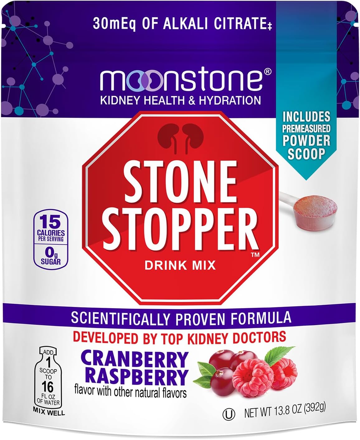 Stone Stopper Drink Mix, Cranberry Raspberry, Kidney Stone Prevention, Calcium Oxalate Protector, Developed by Urologists to Improve Hydration and Support Kidney Health, 30 Day Supply