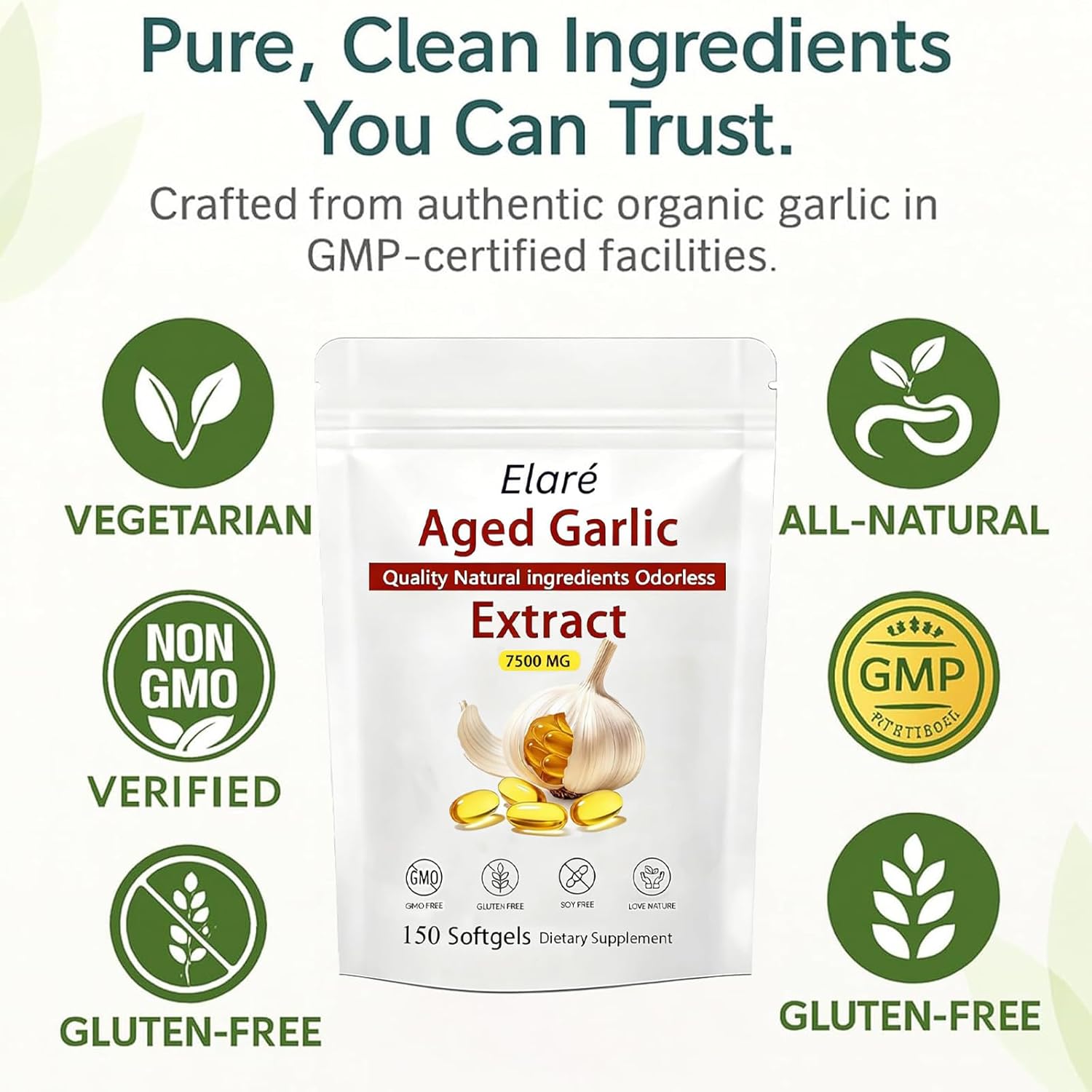 Elare Aged Garlic Extract - 7500mg Odorless, Organic Garlic Extract Capsules | Heart & Immune Antioxidant Supplements, Vegetarian, All-Natural, Non-GMO, 150 Softgels(1 PCS)