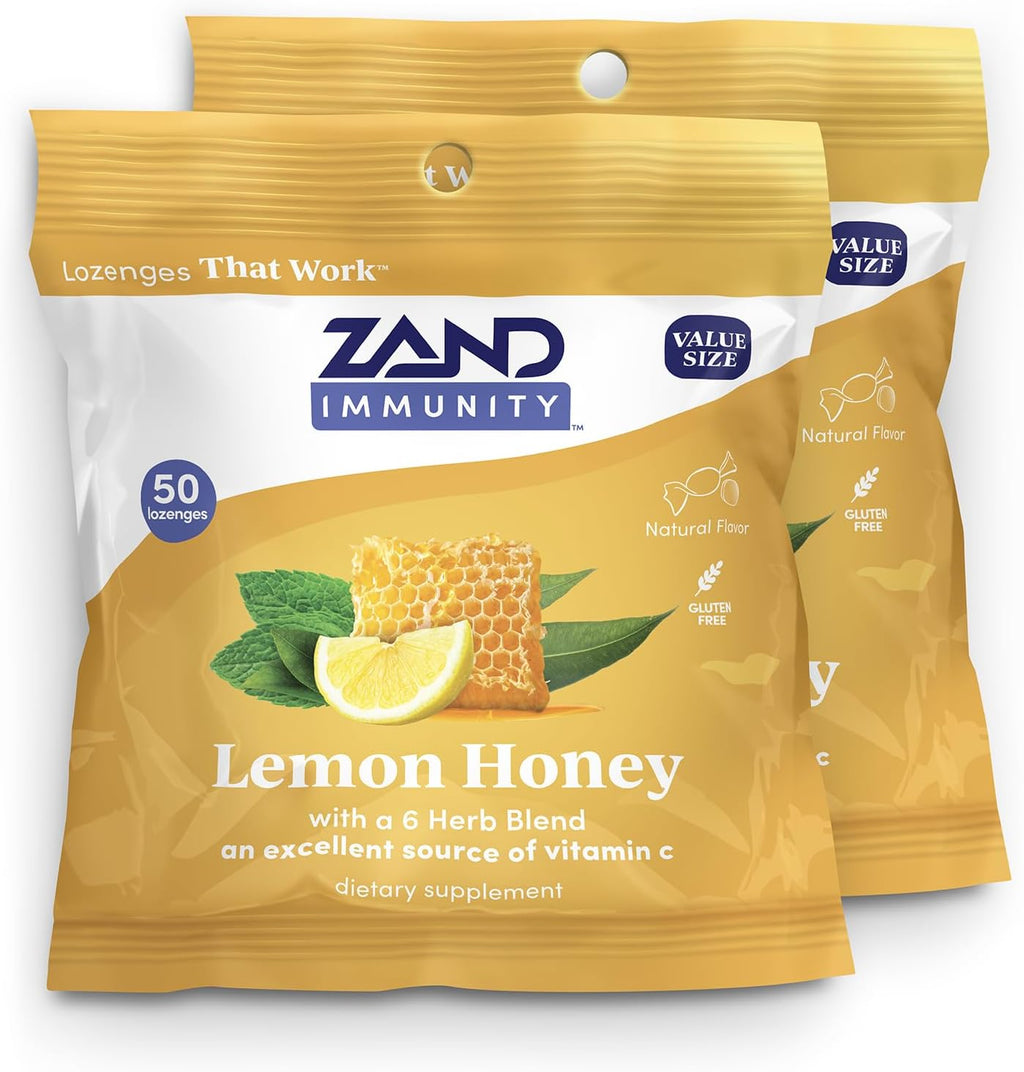 ZAND Immunity Lemon Honey Throat Lozenges 2 Pack with Vitamin C, Organic Honey - Good-for-You Dry Mouth Lozenges - Immune Support Supplement - Natural Flavor, Vegetarian, Gluten Free, 50ct ea