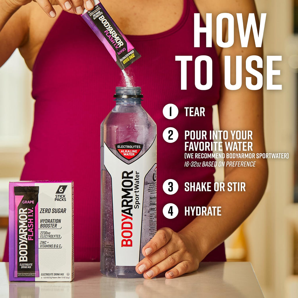 BODYARMOR Rapid Rehydration Bundle - Flash IV Electrolyte Packet + Sportwater Alkaline Water - Sport Drink Mix Combo