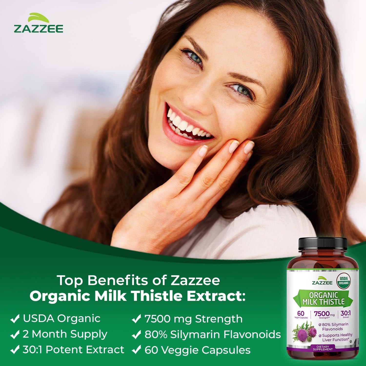 Zazzee USDA Organic Milk Thistle 30:1 Extract, 7500 mg Strength, 60 Vegan Capsules, 80% Silymarin Flavonoids, Healthy Liver Detox & Cleanse Support, 100% Vegetarian, Non-GMO, Made in The USA