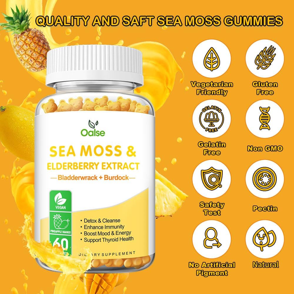 Sea Moss Gummies for Adults and Kids, 2000mg Raw Seamoss, Bladderwrack, Burdock Root, Elderberry, Pepper, Vitamin C & D3, Zinc Supports Immune System & Boost Energy (2-Pack)