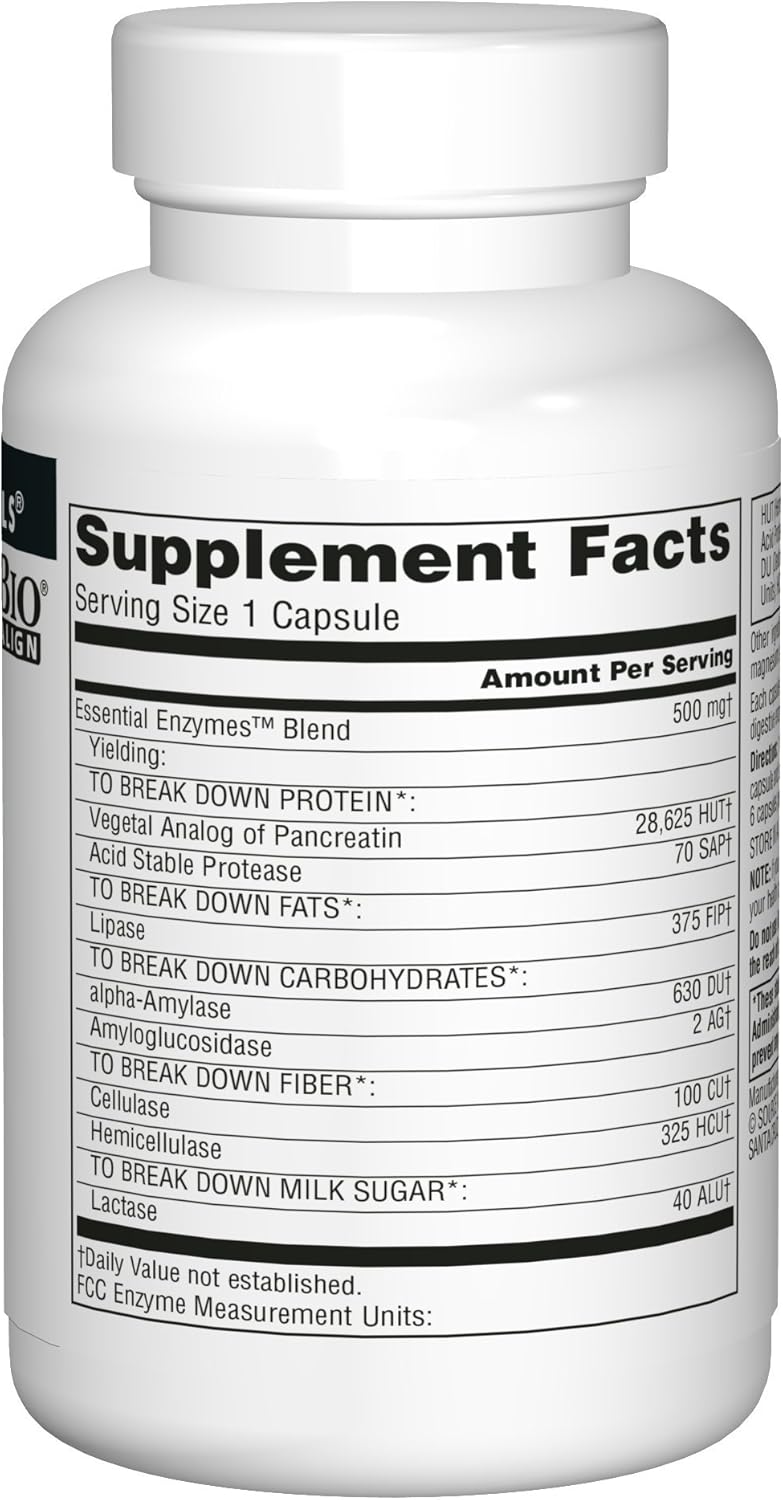 Source Naturals Essential Enzymes 500mg Bio-Aligned Multiple Supplement Herbal Defense for Digestion, Gas & Constipation Relief - Strong Immune System Support* - 120 Capsules