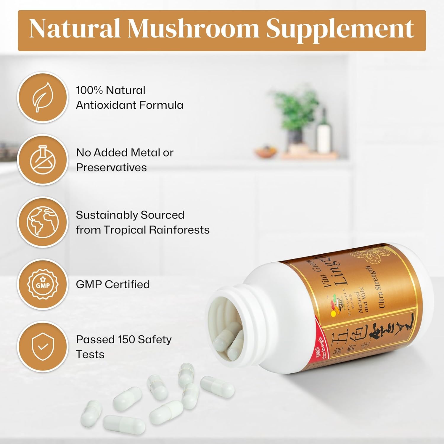 Vita Green Lingzhi Mushroom Capsules (五色靈芝) – Pure Reishi Supplement with Natural Antioxidants for Wellness, Energy, and Immune Support – 10 Capsules