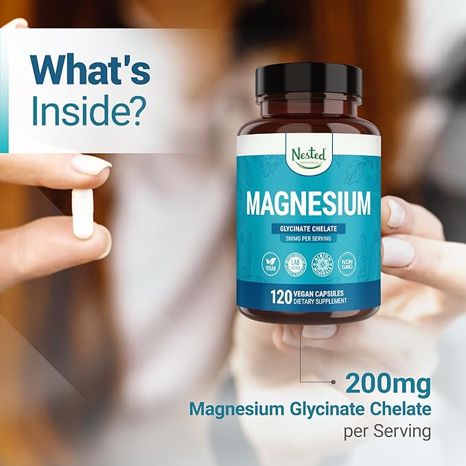 Nested Naturals Magnesium Glycinate Chelate - 200mg Magnesium Supplement for Muscle Cramps, Relaxation, & Sleep Support - 100% Albion TRACCS Buffered Magnesium Glycinate - 3-Pack (360 Vegan Capsules)