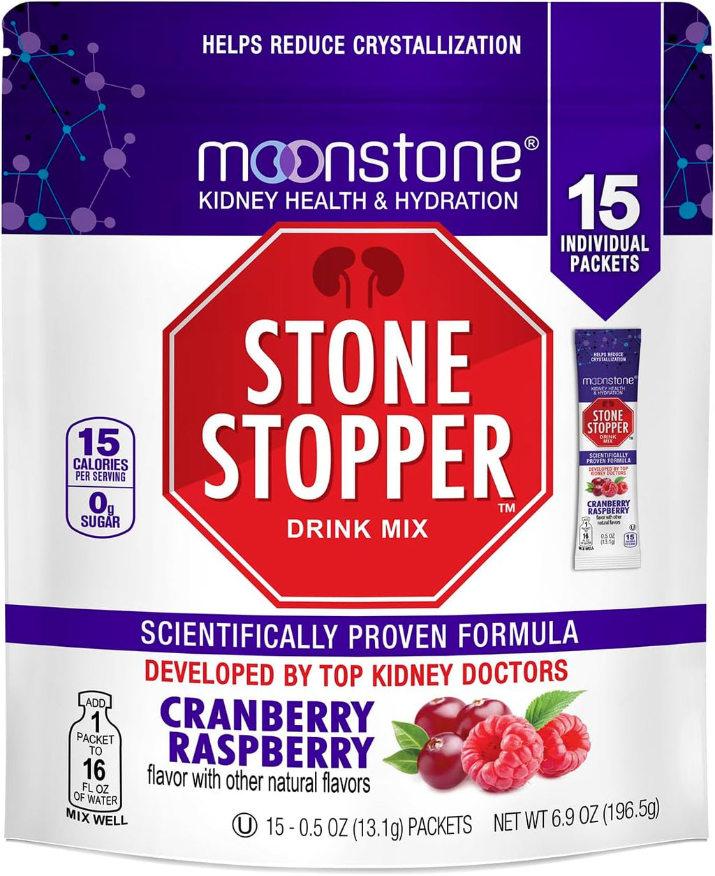 Stone Stopper Drink Mix, Cranberry Raspberry, Kidney Stone Prevention, Calcium Oxalate Protector, Developed by Urologists to Improve Hydration and Support Kidney Health, 15 Day Supply